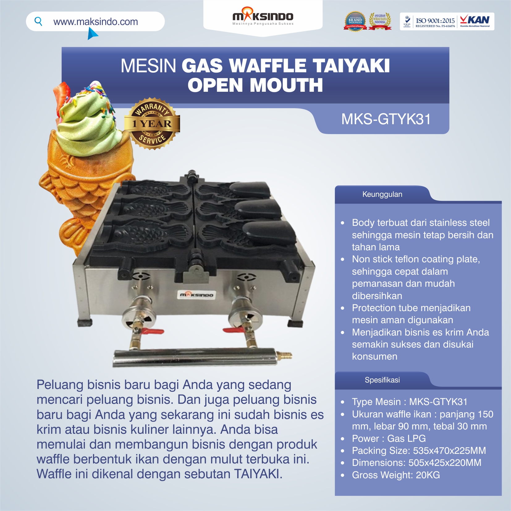 Jual Mesin Gas Waffle Taiyaki Open Mouth (GTYK31) di Solo