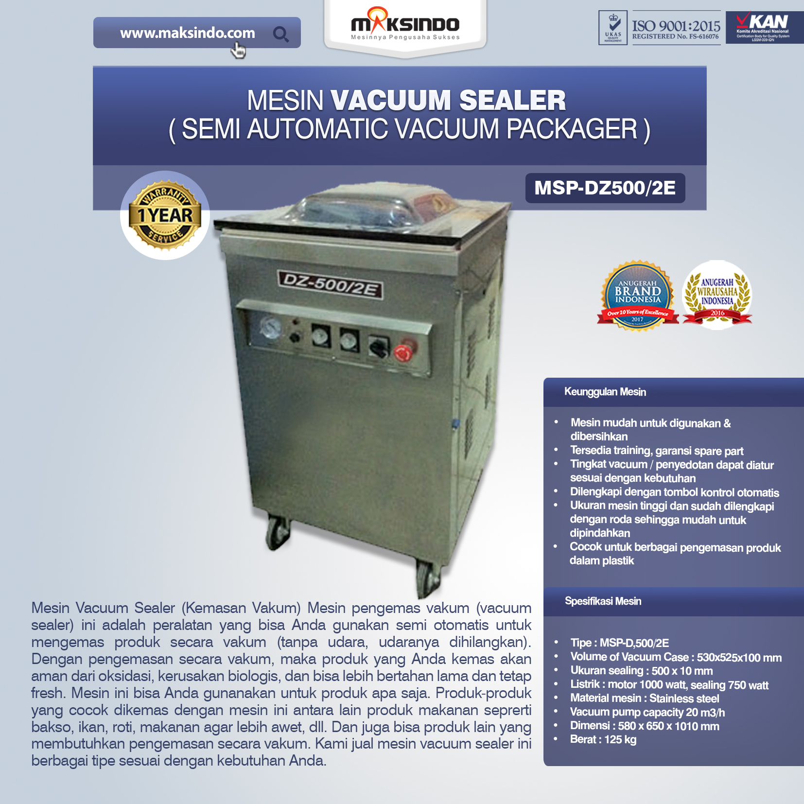 Jual Mesin Vacuum Sealer MSP-DZ500/2E di Solo