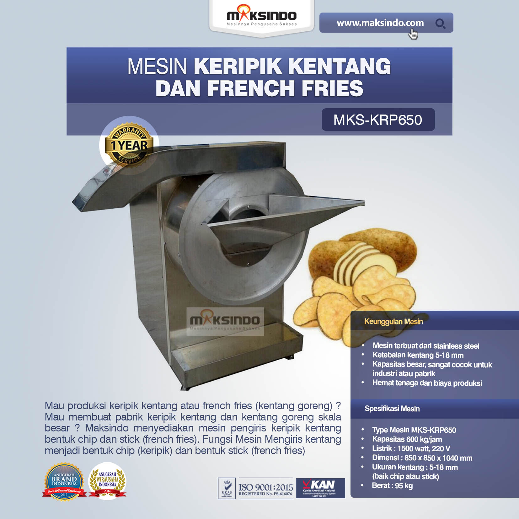 Jual Mesin Keripik Kentang dan French Fries KRP650 di Solo