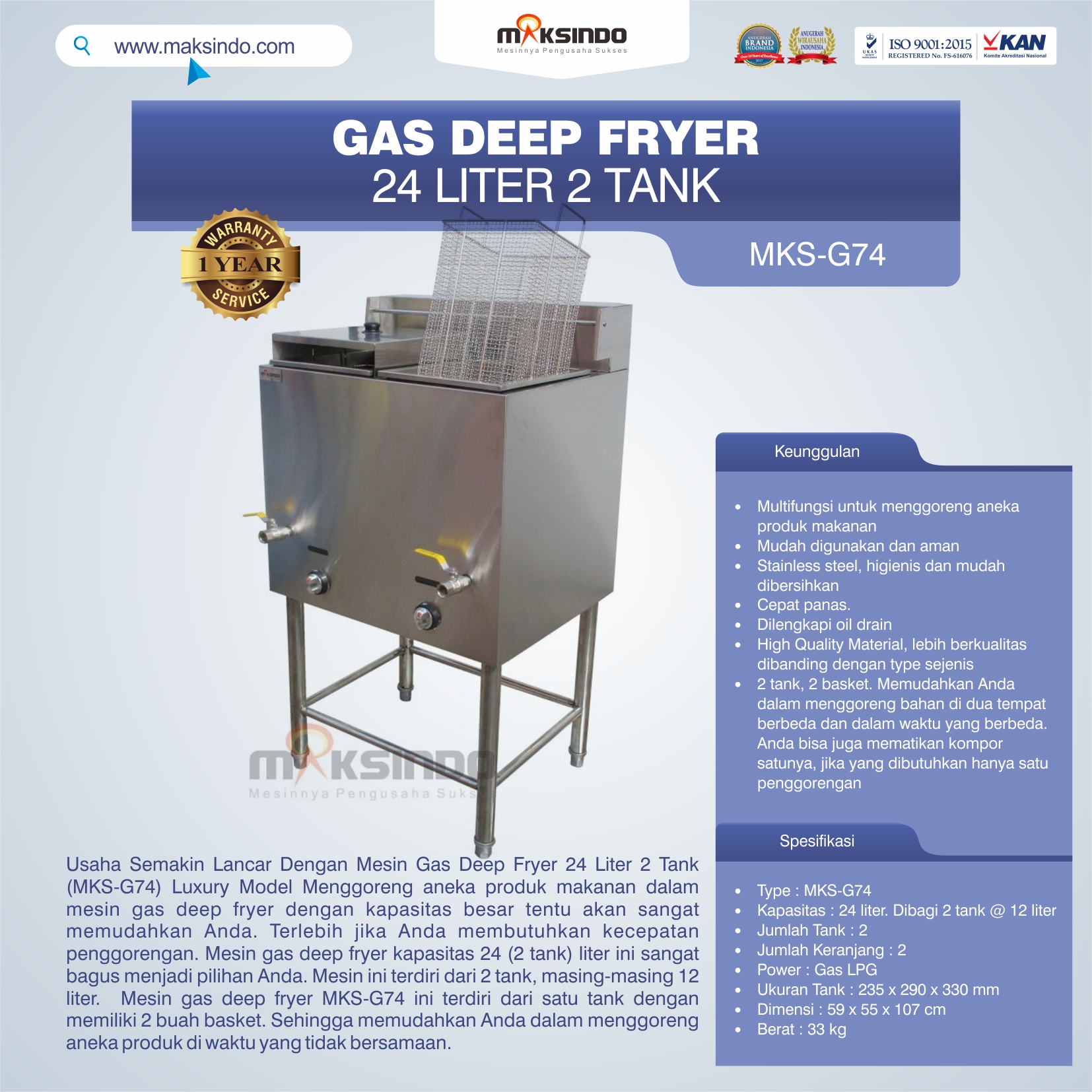 Jual Gas Deep Fryer 24 Liter 2 Tank (G74) di Solo Jual Gas Deep Fryer 24 Liter 2 Tank (G74) di Solo