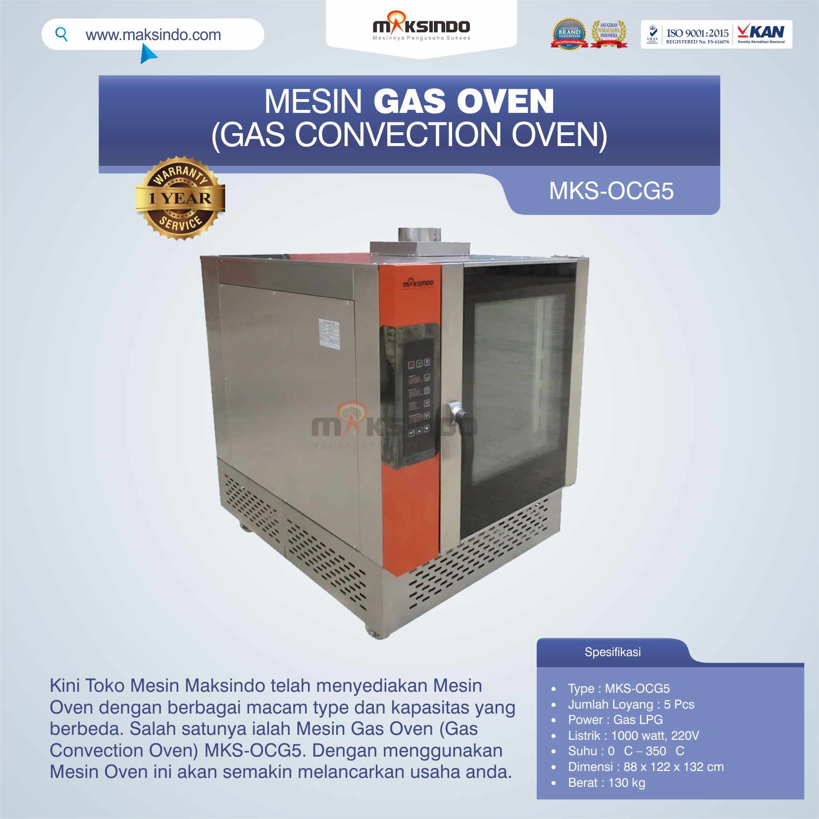 Jual Mesin Gas Oven (Gas Convection Oven) MKS-OCG5 di Solo